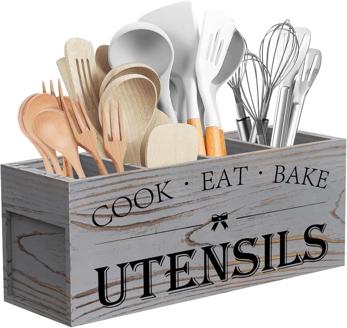 Extra Large Utensil Holder Countertop for Kitchen Counter,Acacia Wood | Hold 40 Utensils,4 Removable Divider,Rutic Silverware Organizer Caddy,Spacesaving,Farmhouse Cooking Crock for Spatula,Spoon