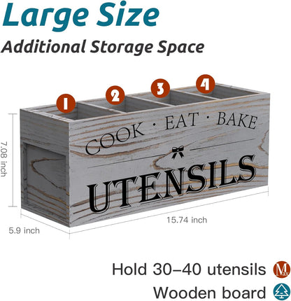 Extra Large Utensil Holder Countertop for Kitchen Counter,Acacia Wood | Hold 40 Utensils,4 Removable Divider,Rutic Silverware Organizer Caddy,Spacesaving,Farmhouse Cooking Crock for Spatula,Spoon