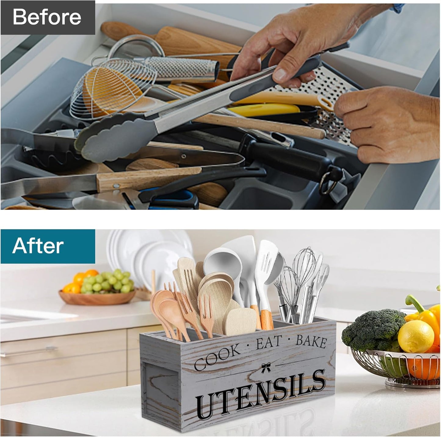 Extra Large Utensil Holder Countertop for Kitchen Counter,Acacia Wood | Hold 40 Utensils,4 Removable Divider,Rutic Silverware Organizer Caddy,Spacesaving,Farmhouse Cooking Crock for Spatula,Spoon