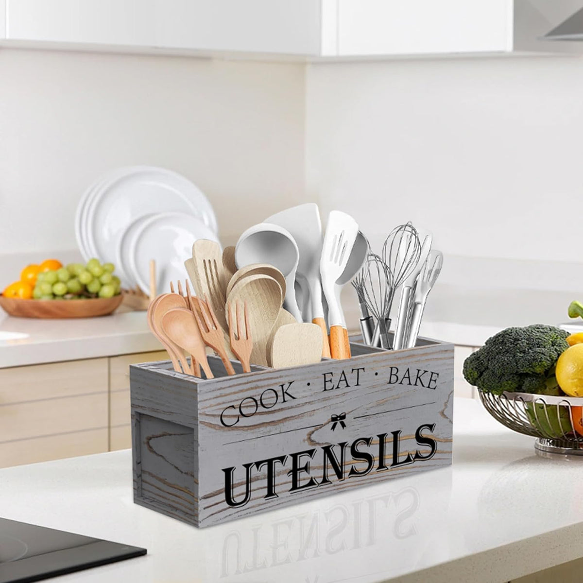 Extra Large Utensil Holder Countertop for Kitchen Counter,Acacia Wood | Hold 40 Utensils,4 Removable Divider,Rutic Silverware Organizer Caddy,Spacesaving,Farmhouse Cooking Crock for Spatula,Spoon