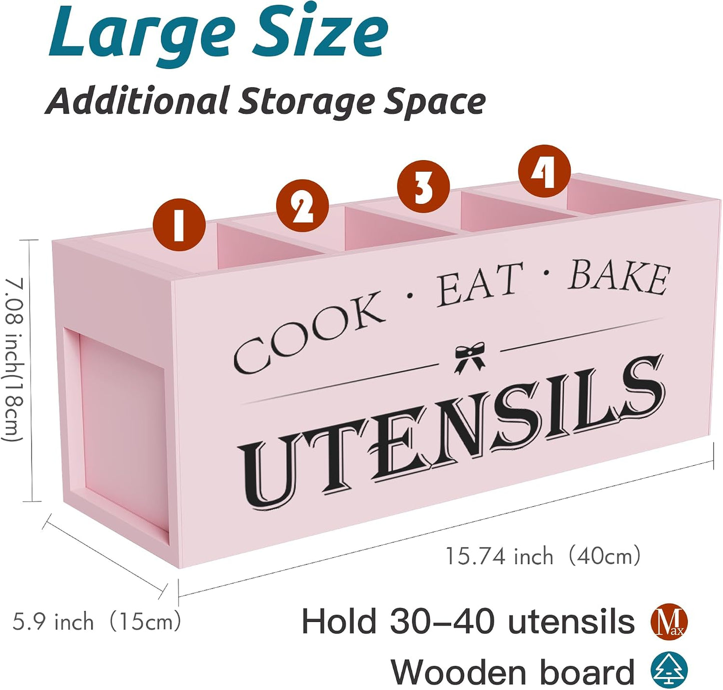 Extra Large Utensil Holder Countertop for Kitchen Counter,Acacia Wood | Hold 40 Utensils,4 Removable Divider,Rutic Silverware Organizer Caddy,Spacesaving,Farmhouse Cooking Crock for Spatula,Spoon