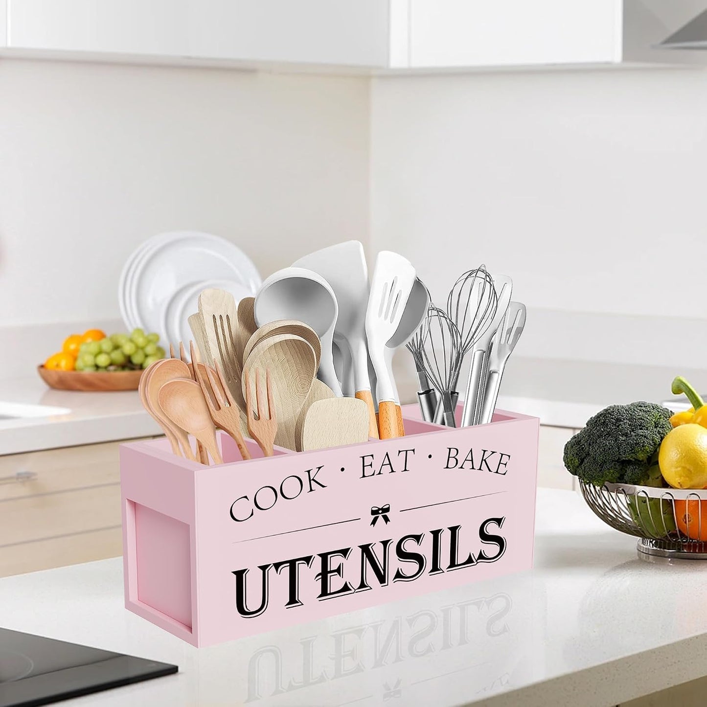 Extra Large Utensil Holder Countertop for Kitchen Counter,Acacia Wood | Hold 40 Utensils,4 Removable Divider,Rutic Silverware Organizer Caddy,Spacesaving,Farmhouse Cooking Crock for Spatula,Spoon