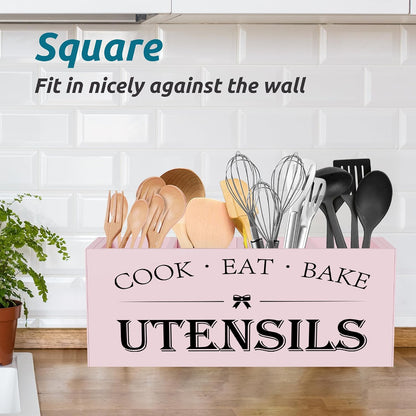Extra Large Utensil Holder Countertop for Kitchen Counter,Acacia Wood | Hold 40 Utensils,4 Removable Divider,Rutic Silverware Organizer Caddy,Spacesaving,Farmhouse Cooking Crock for Spatula,Spoon