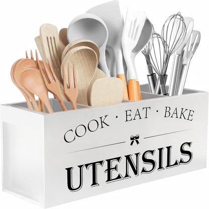 Extra Large Utensil Holder Countertop for Kitchen Counter,Acacia Wood | Hold 40 Utensils,4 Removable Divider,Rutic Silverware Organizer Caddy,Spacesaving,Farmhouse Cooking Crock for Spatula,Spoon