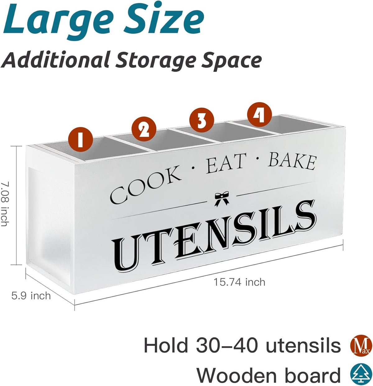 Extra Large Utensil Holder Countertop for Kitchen Counter,Acacia Wood | Hold 40 Utensils,4 Removable Divider,Rutic Silverware Organizer Caddy,Spacesaving,Farmhouse Cooking Crock for Spatula,Spoon