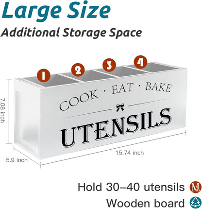 Extra Large Utensil Holder Countertop for Kitchen Counter,Acacia Wood | Hold 40 Utensils,4 Removable Divider,Rutic Silverware Organizer Caddy,Spacesaving,Farmhouse Cooking Crock for Spatula,Spoon