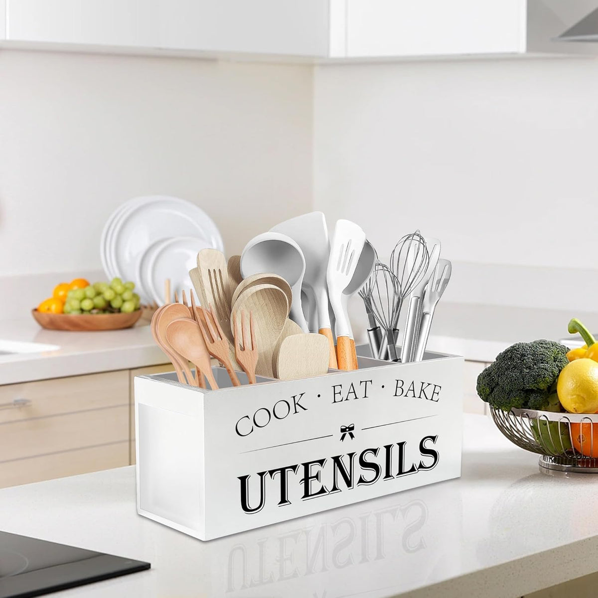 Extra Large Utensil Holder Countertop for Kitchen Counter,Acacia Wood | Hold 40 Utensils,4 Removable Divider,Rutic Silverware Organizer Caddy,Spacesaving,Farmhouse Cooking Crock for Spatula,Spoon