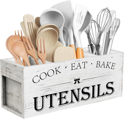 Extra Large Utensil Holder Countertop for Kitchen Counter,Acacia Wood | Hold 40 Utensils,4 Removable Divider,Rutic Silverware Organizer Caddy,Spacesaving,Farmhouse Cooking Crock for Spatula,Spoon