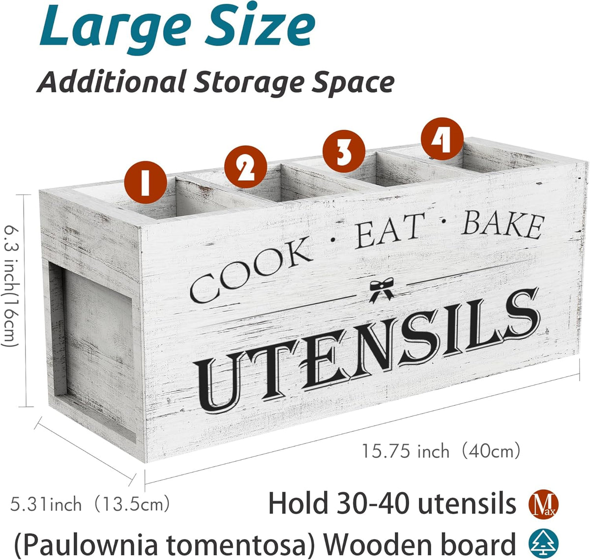 Extra Large Utensil Holder Countertop for Kitchen Counter,Acacia Wood | Hold 40 Utensils,4 Removable Divider,Rutic Silverware Organizer Caddy,Spacesaving,Farmhouse Cooking Crock for Spatula,Spoon