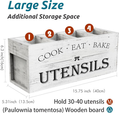 Extra Large Utensil Holder Countertop for Kitchen Counter,Acacia Wood | Hold 40 Utensils,4 Removable Divider,Rutic Silverware Organizer Caddy,Spacesaving,Farmhouse Cooking Crock for Spatula,Spoon