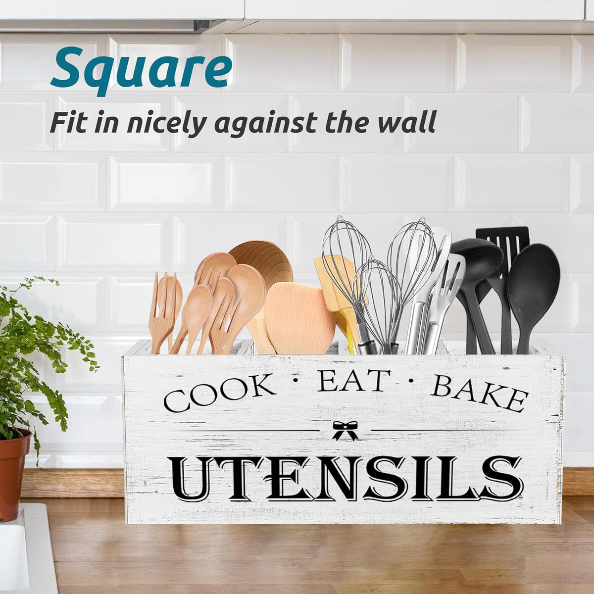 Extra Large Utensil Holder Countertop for Kitchen Counter,Acacia Wood | Hold 40 Utensils,4 Removable Divider,Rutic Silverware Organizer Caddy,Spacesaving,Farmhouse Cooking Crock for Spatula,Spoon
