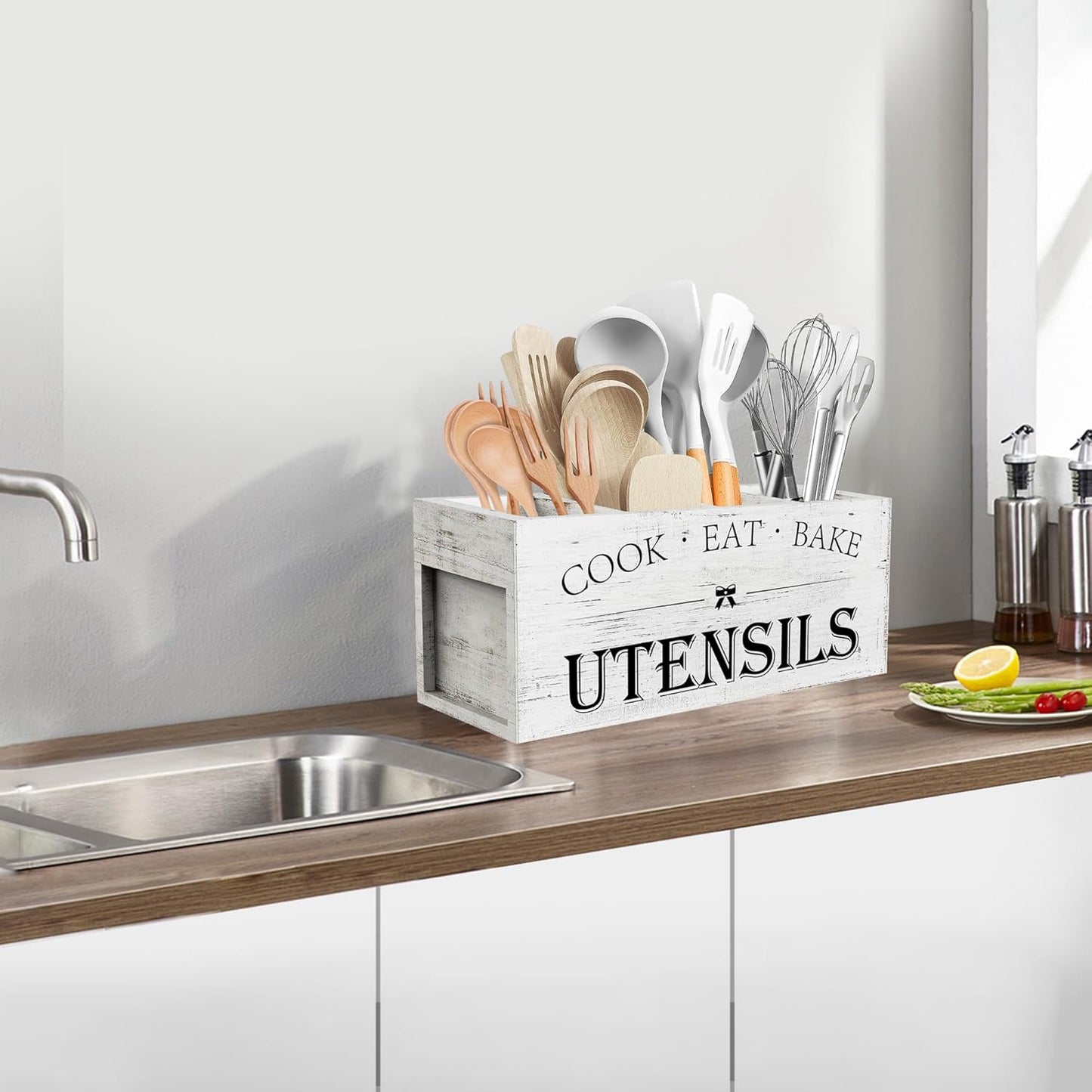 Extra Large Utensil Holder Countertop for Kitchen Counter,Acacia Wood | Hold 40 Utensils,4 Removable Divider,Rutic Silverware Organizer Caddy,Spacesaving,Farmhouse Cooking Crock for Spatula,Spoon