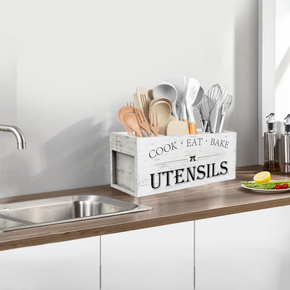 Extra Large Utensil Holder Countertop for Kitchen Counter,Acacia Wood | Hold 40 Utensils,4 Removable Divider,Rutic Silverware Organizer Caddy,Spacesaving,Farmhouse Cooking Crock for Spatula,Spoon