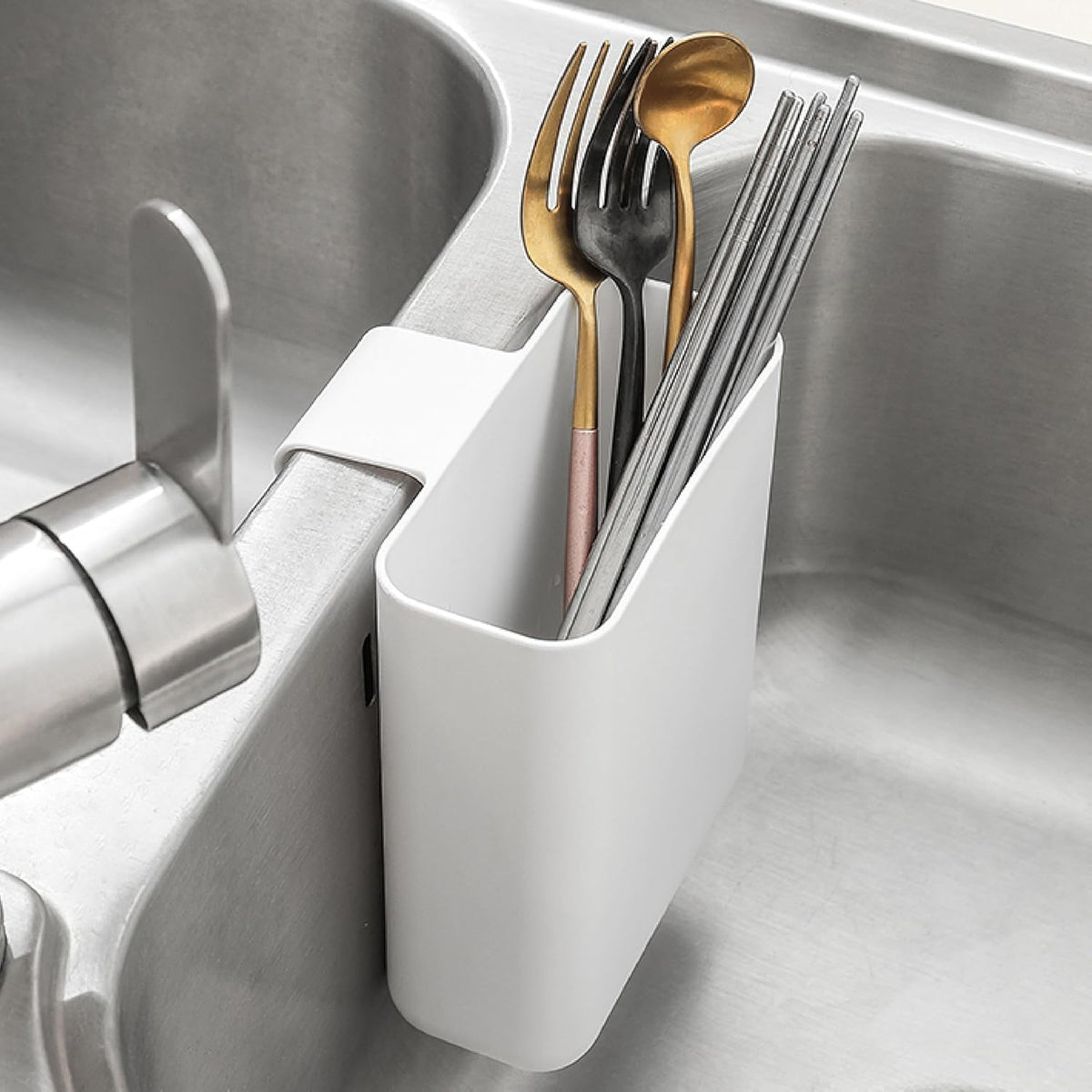 Drainer Drain Basket Utensil Holder and Hangable Sink Storage Container (White)