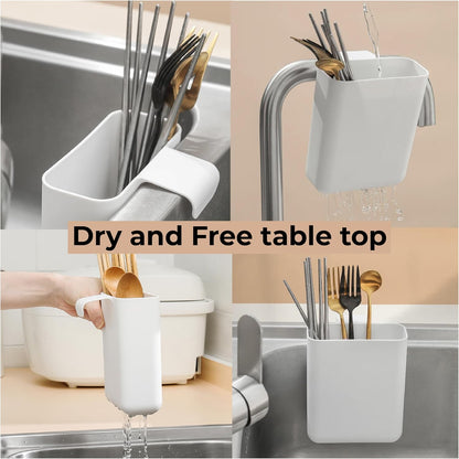 Drainer Drain Basket Utensil Holder and Hangable Sink Storage Container (White)