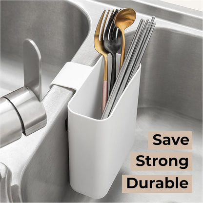 Drainer Drain Basket Utensil Holder and Hangable Sink Storage Container (White)