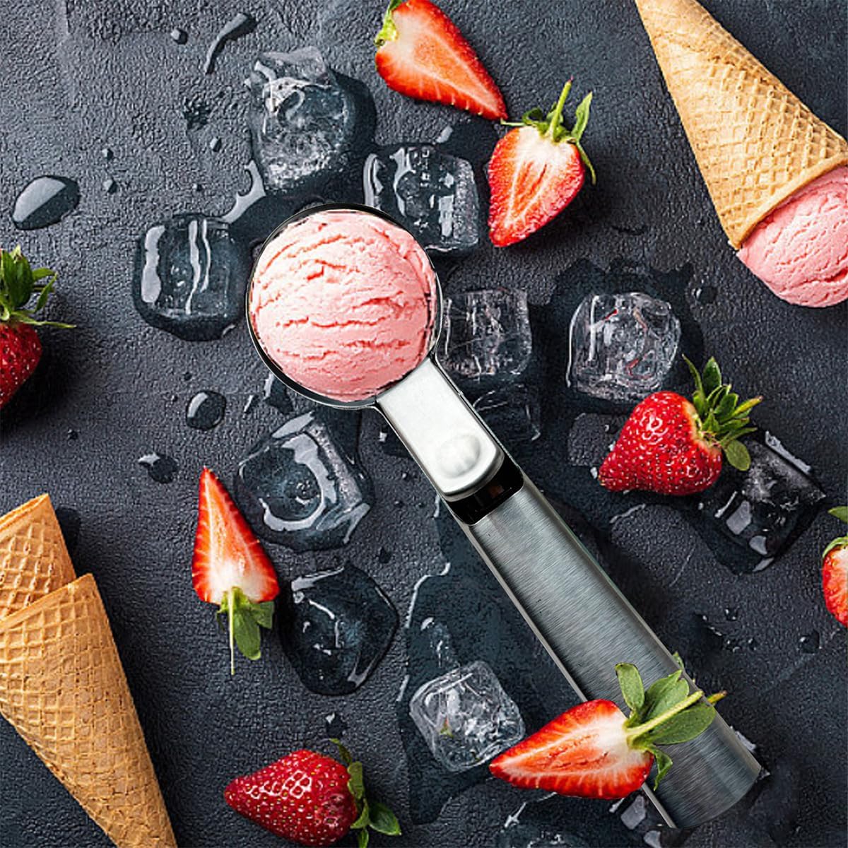 Premium Ice Cream Scoop, Stainless Steel Ice Scoop with Trigger & Ergonomic Handle - One-Push Release for Perfect Scooping, Dishwasher Safe for Ice Cream, Gelato, Sorbet, Cake Batter (1p-silver)