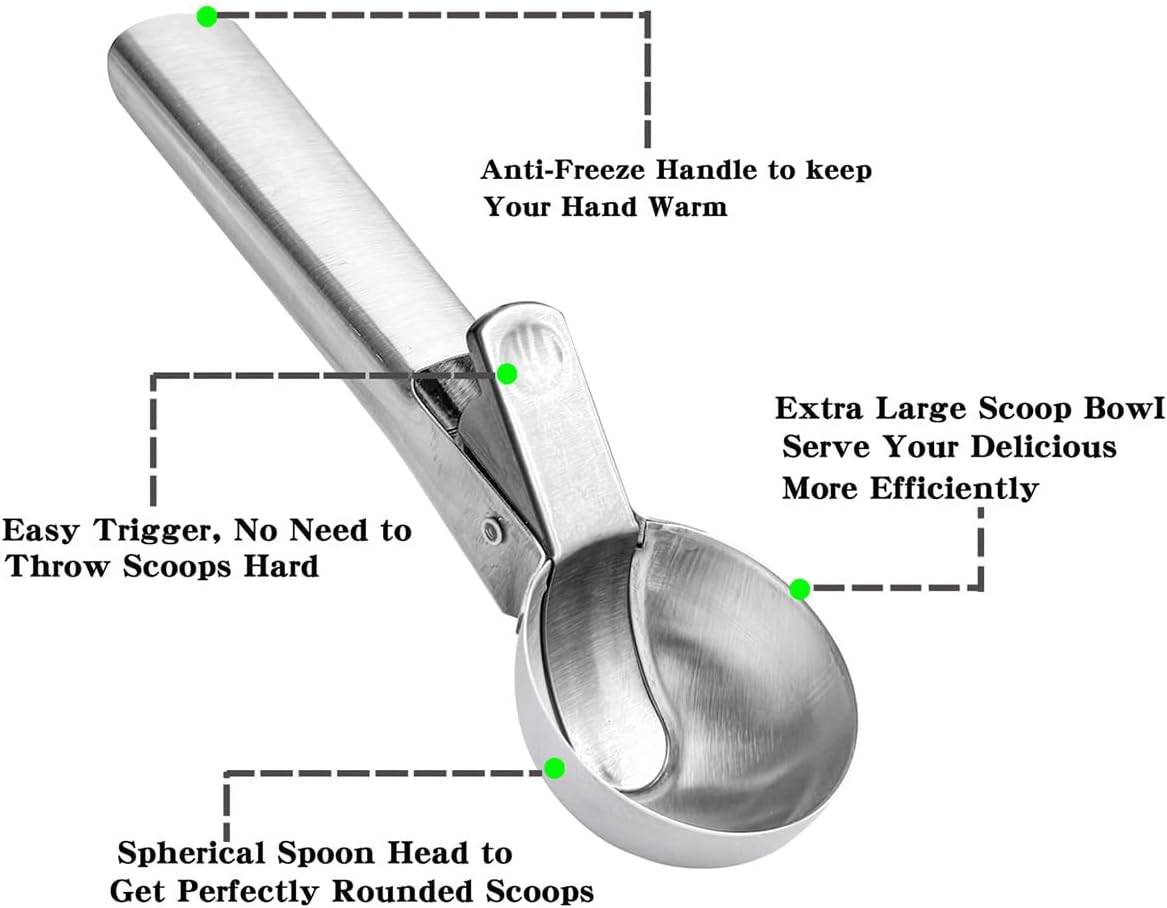 Premium Ice Cream Scoop, Stainless Steel Ice Scoop with Trigger & Ergonomic Handle - One-Push Release for Perfect Scooping, Dishwasher Safe for Ice Cream, Gelato, Sorbet, Cake Batter (1p-silver)