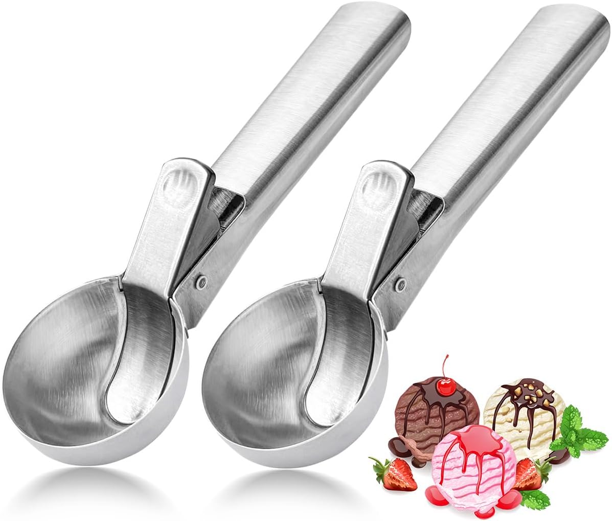 Premium Ice Cream Scoop, Stainless Steel Ice Scoop with Trigger & Ergonomic Handle - One-Push Release for Perfect Scooping, Dishwasher Safe for Ice Cream, Gelato, Sorbet, Cake Batter (1p-silver)