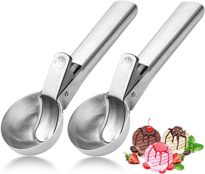 Premium Ice Cream Scoop, Stainless Steel Ice Scoop with Trigger & Ergonomic Handle - One-Push Release for Perfect Scooping, Dishwasher Safe for Ice Cream, Gelato, Sorbet, Cake Batter (1p-silver)