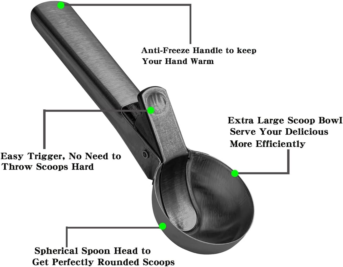 Premium Ice Cream Scoop, Stainless Steel Ice Scoop with Trigger & Ergonomic Handle - One-Push Release for Perfect Scooping, Dishwasher Safe for Ice Cream, Gelato, Sorbet, Cake Batter (1p-silver)