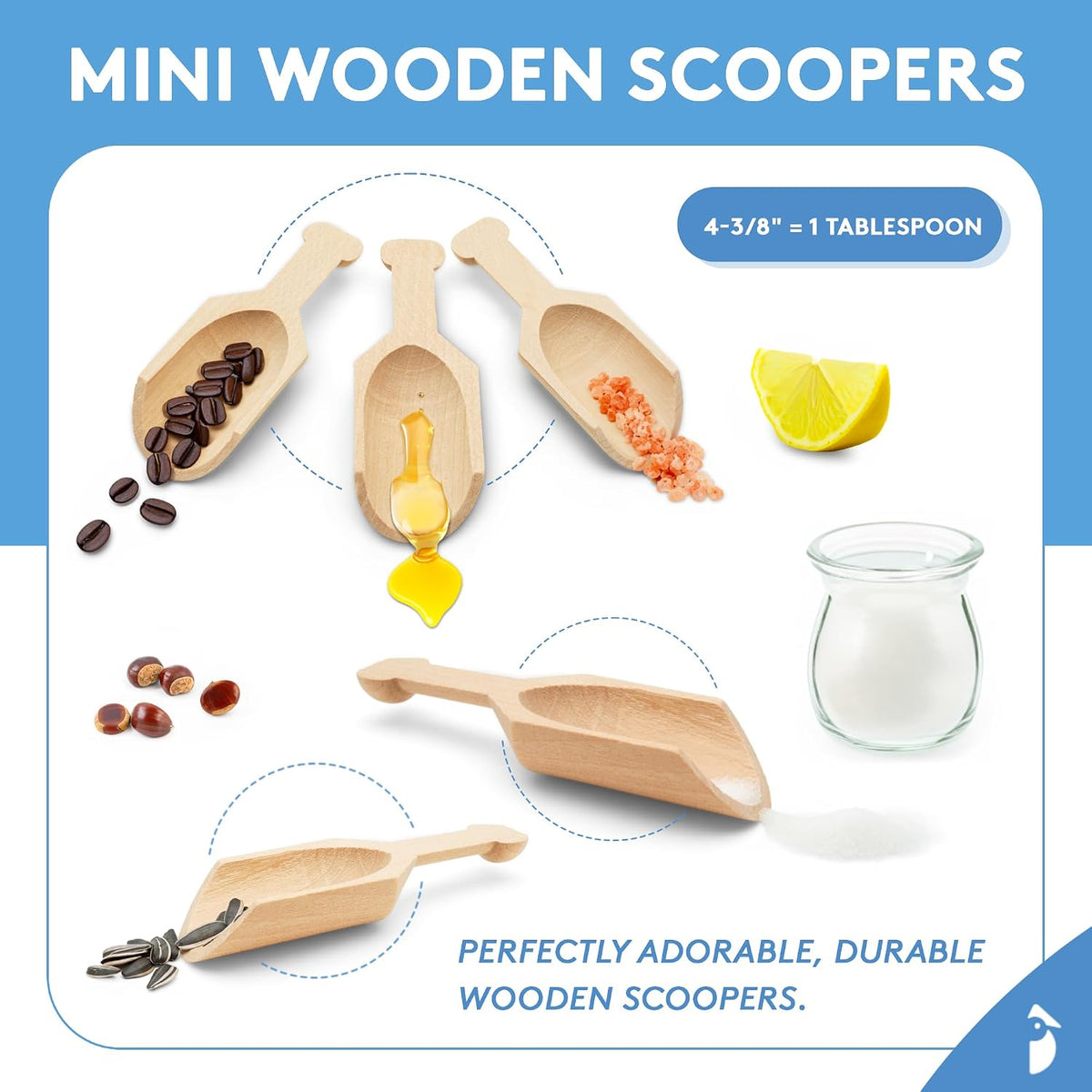 Small Coffee Scoop for Ground Coffee and Manuka Honey, Wooden 1 Tablespoon Measuring Spoon, Bath Salt Scooper, Mini Wood Candy scoops for Candy Buffet, Food & Flour Canisters or Jars
