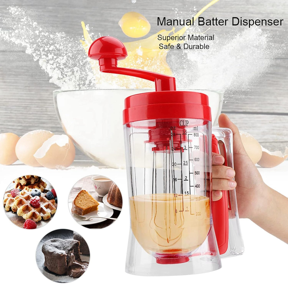 Pancake Batter Mixer and Dispenser, Hand Held Manual Pancake Cupcake Batter Mixer Dispenser Blender Machine Baking Tool for Making Cakes Waffles Betters