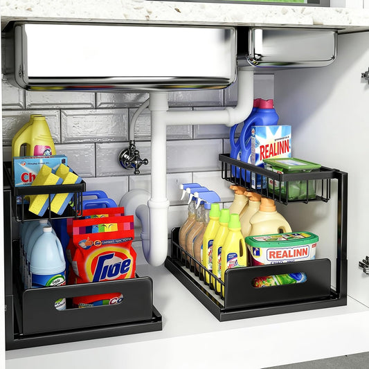 Under Sink Organizer, L-Shaped 2 Tier Pull Out Cabinet Organizer | For Kitchen and Bathroom, Slide Out Under Cabinet Storage, Metal Under Sink Storage with Sliding Drawer, 50 lbs, Black 2 Pack