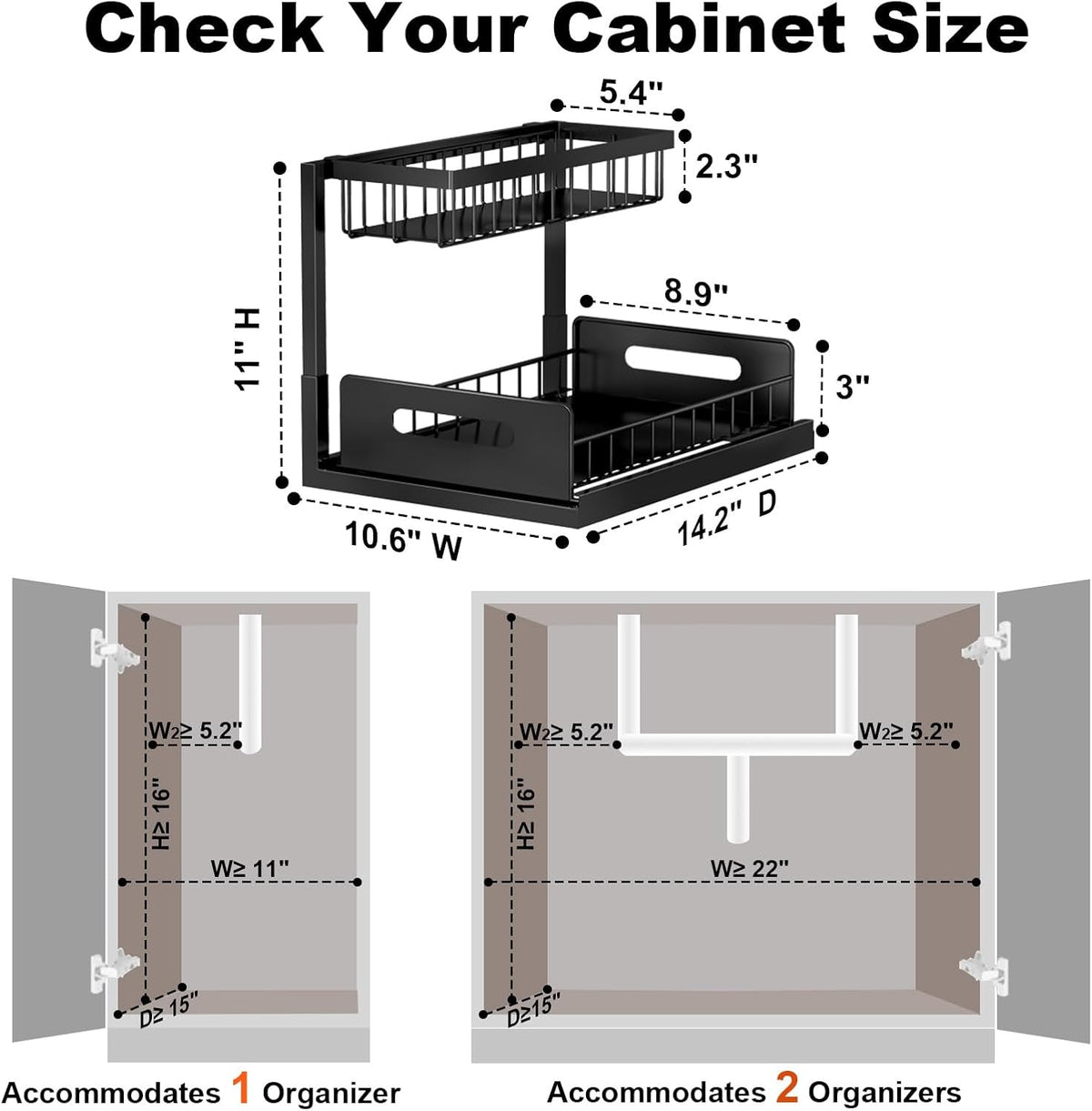 Under Sink Organizer, L-Shaped 2 Tier Pull Out Cabinet Organizer | For Kitchen and Bathroom, Slide Out Under Cabinet Storage, Metal Under Sink Storage with Sliding Drawer, 50 lbs, Black 2 Pack