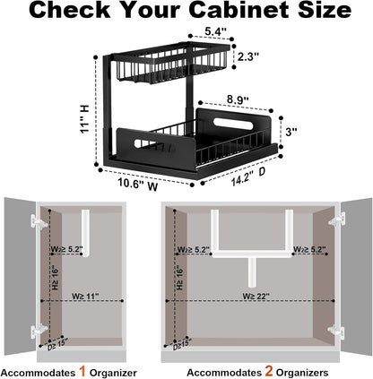 Under Sink Organizer, L-Shaped 2 Tier Pull Out Cabinet Organizer | For Kitchen and Bathroom, Slide Out Under Cabinet Storage, Metal Under Sink Storage with Sliding Drawer, 50 lbs, Black 2 Pack