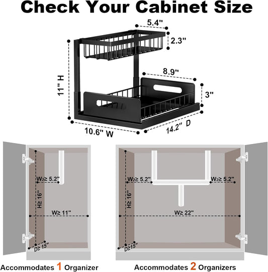 Under Sink Organizer, L-Shaped 2 Tier Pull Out Cabinet Organizer | For Kitchen and Bathroom, Slide Out Under Cabinet Storage, Metal Under Sink Storage with Sliding Drawer, 50 lbs, Black 2 Pack