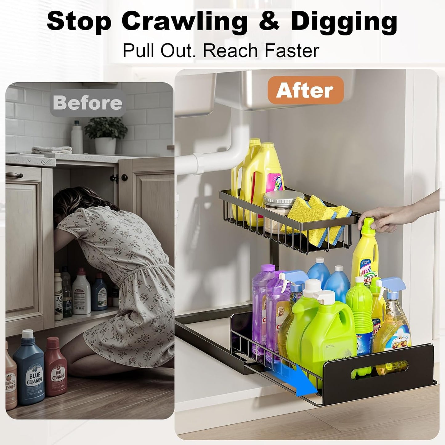 Under Sink Organizer, L-Shaped 2 Tier Pull Out Cabinet Organizer | For Kitchen and Bathroom, Slide Out Under Cabinet Storage, Metal Under Sink Storage with Sliding Drawer, 50 lbs, Black 2 Pack