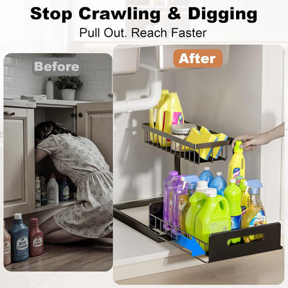 Under Sink Organizer, L-Shaped 2 Tier Pull Out Cabinet Organizer | For Kitchen and Bathroom, Slide Out Under Cabinet Storage, Metal Under Sink Storage with Sliding Drawer, 50 lbs, Black 2 Pack