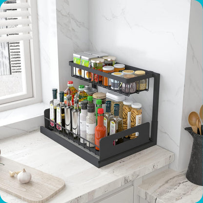 Under Sink Organizer, L-Shaped 2 Tier Pull Out Cabinet Organizer | For Kitchen and Bathroom, Slide Out Under Cabinet Storage, Metal Under Sink Storage with Sliding Drawer, 50 lbs, Black 2 Pack
