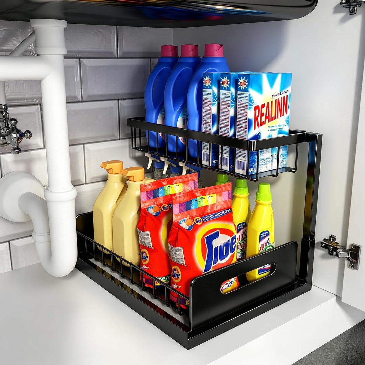 Under Sink Organizer, L-Shaped 2 Tier Pull Out Cabinet Organizer | For Kitchen and Bathroom, Slide Out Under Cabinet Storage, Metal Under Sink Storage with Sliding Drawer, 50 lbs, Black 2 Pack