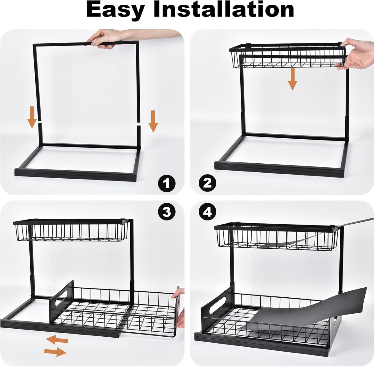 Under Sink Organizer, L-Shaped 2 Tier Pull Out Cabinet Organizer | For Kitchen and Bathroom, Slide Out Under Cabinet Storage, Metal Under Sink Storage with Sliding Drawer, 50 lbs, Black 2 Pack