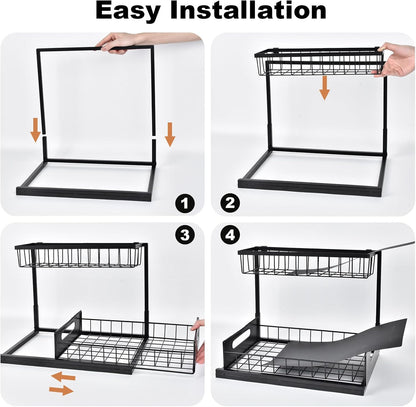 Under Sink Organizer, L-Shaped 2 Tier Pull Out Cabinet Organizer | For Kitchen and Bathroom, Slide Out Under Cabinet Storage, Metal Under Sink Storage with Sliding Drawer, 50 lbs, Black 2 Pack