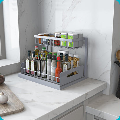 Under Sink Organizer, L-Shaped 2 Tier Pull Out Cabinet Organizer | For Kitchen and Bathroom, Slide Out Under Cabinet Storage, Metal Under Sink Storage with Sliding Drawer, 50 lbs, Black 2 Pack