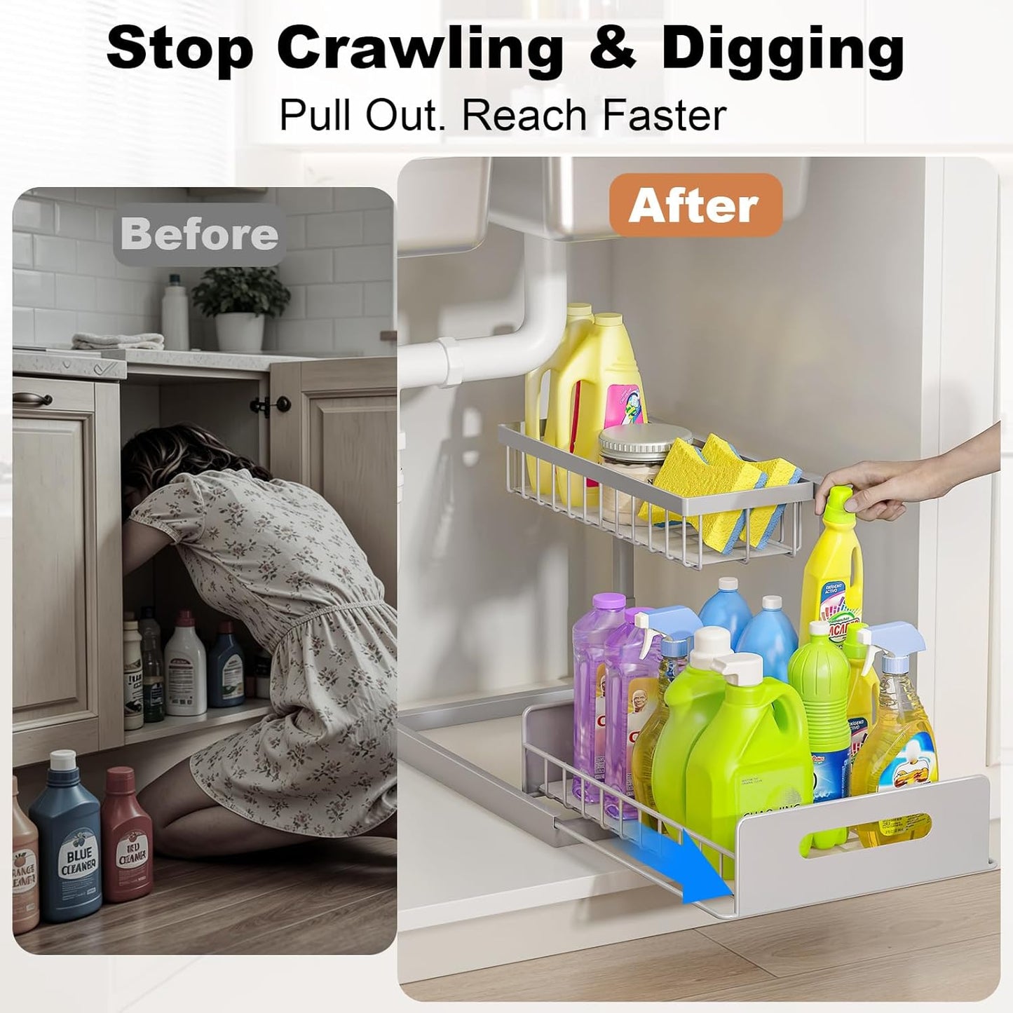 Under Sink Organizer, L-Shaped 2 Tier Pull Out Cabinet Organizer | For Kitchen and Bathroom, Slide Out Under Cabinet Storage, Metal Under Sink Storage with Sliding Drawer, 50 lbs, Black 2 Pack