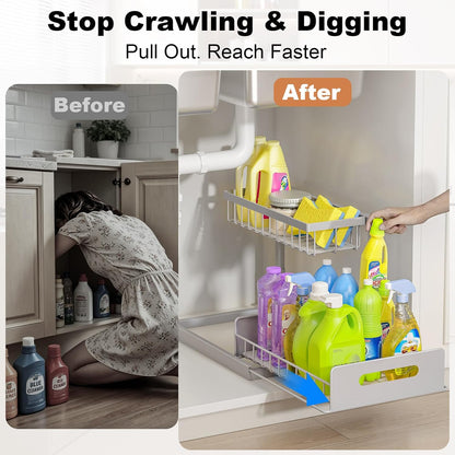 Under Sink Organizer, L-Shaped 2 Tier Pull Out Cabinet Organizer | For Kitchen and Bathroom, Slide Out Under Cabinet Storage, Metal Under Sink Storage with Sliding Drawer, 50 lbs, Black 2 Pack
