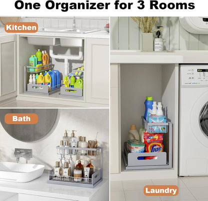 Under Sink Organizer, L-Shaped 2 Tier Pull Out Cabinet Organizer | For Kitchen and Bathroom, Slide Out Under Cabinet Storage, Metal Under Sink Storage with Sliding Drawer, 50 lbs, Black 2 Pack