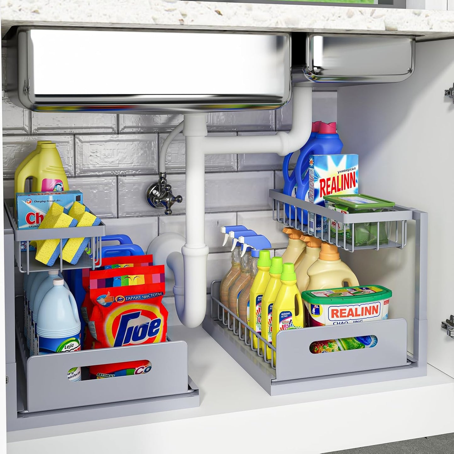 Under Sink Organizer, L-Shaped 2 Tier Pull Out Cabinet Organizer | For Kitchen and Bathroom, Slide Out Under Cabinet Storage, Metal Under Sink Storage with Sliding Drawer, 50 lbs, Black 2 Pack