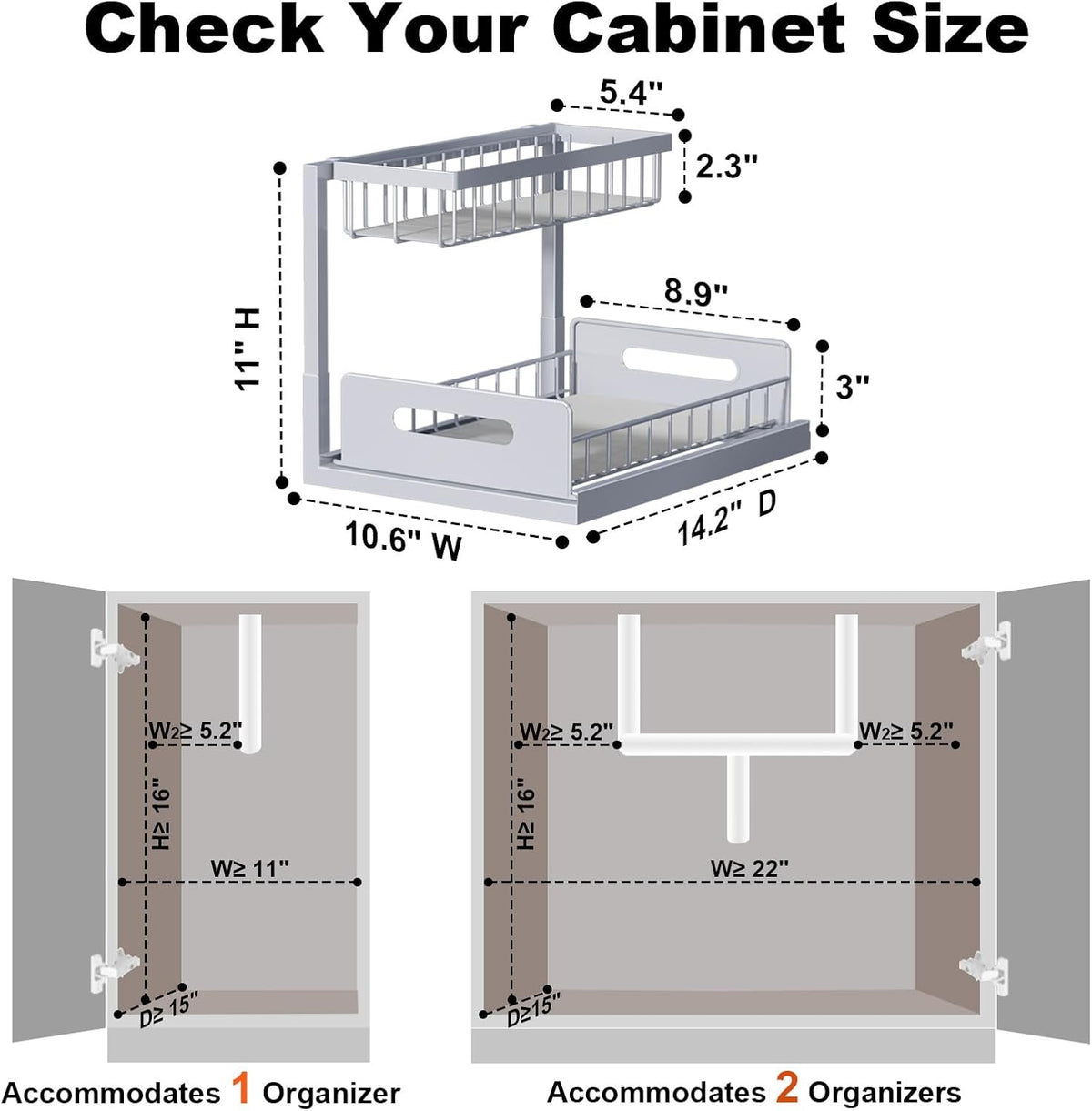 Under Sink Organizer, L-Shaped 2 Tier Pull Out Cabinet Organizer | For Kitchen and Bathroom, Slide Out Under Cabinet Storage, Metal Under Sink Storage with Sliding Drawer, 50 lbs, Black 2 Pack