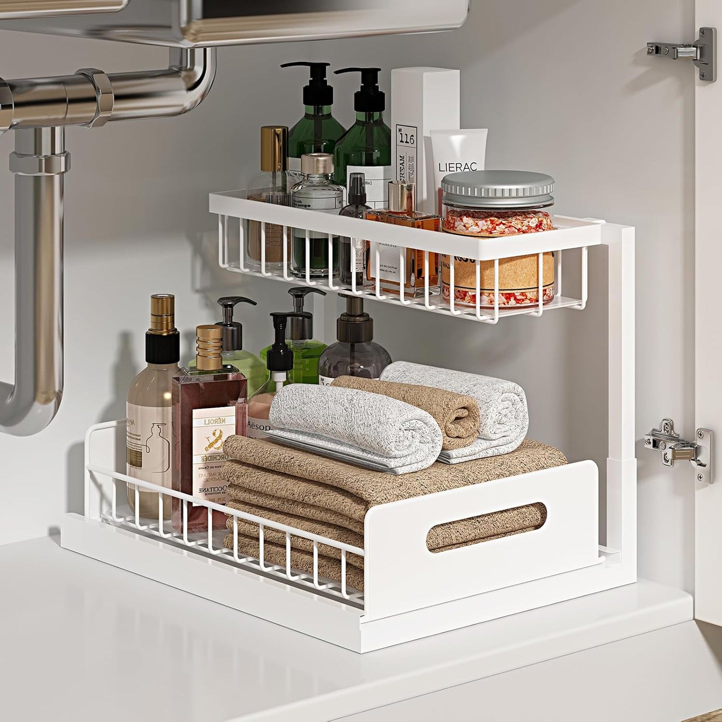 Under Sink Organizer, L-Shaped 2 Tier Pull Out Cabinet Organizer | For Kitchen and Bathroom, Slide Out Under Cabinet Storage, Metal Under Sink Storage with Sliding Drawer, 50 lbs, Black 2 Pack