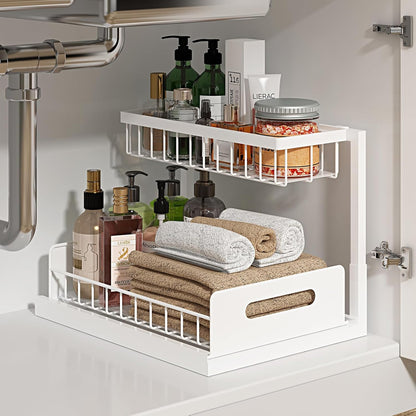 Under Sink Organizer, L-Shaped 2 Tier Pull Out Cabinet Organizer | For Kitchen and Bathroom, Slide Out Under Cabinet Storage, Metal Under Sink Storage with Sliding Drawer, 50 lbs, Black 2 Pack