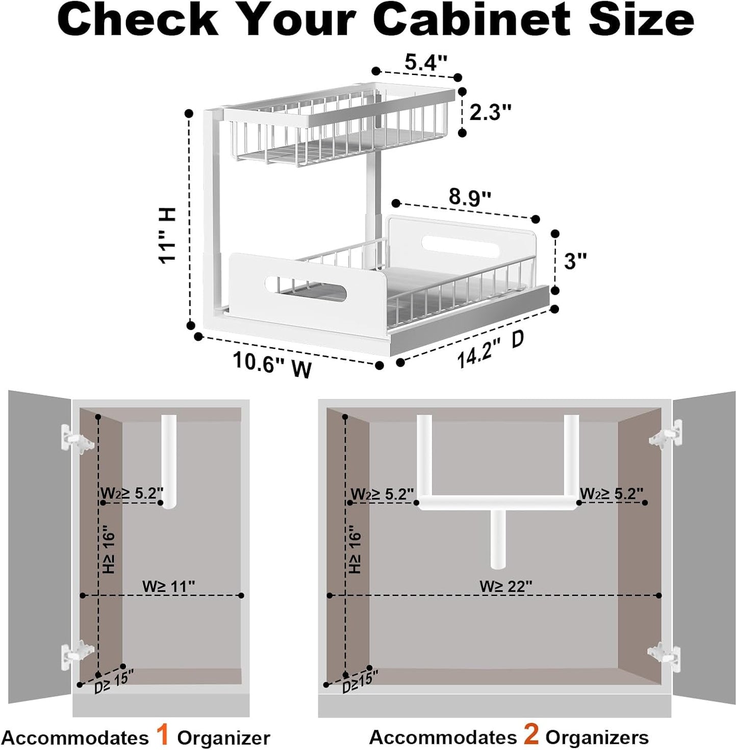 Under Sink Organizer, L-Shaped 2 Tier Pull Out Cabinet Organizer | For Kitchen and Bathroom, Slide Out Under Cabinet Storage, Metal Under Sink Storage with Sliding Drawer, 50 lbs, Black 2 Pack