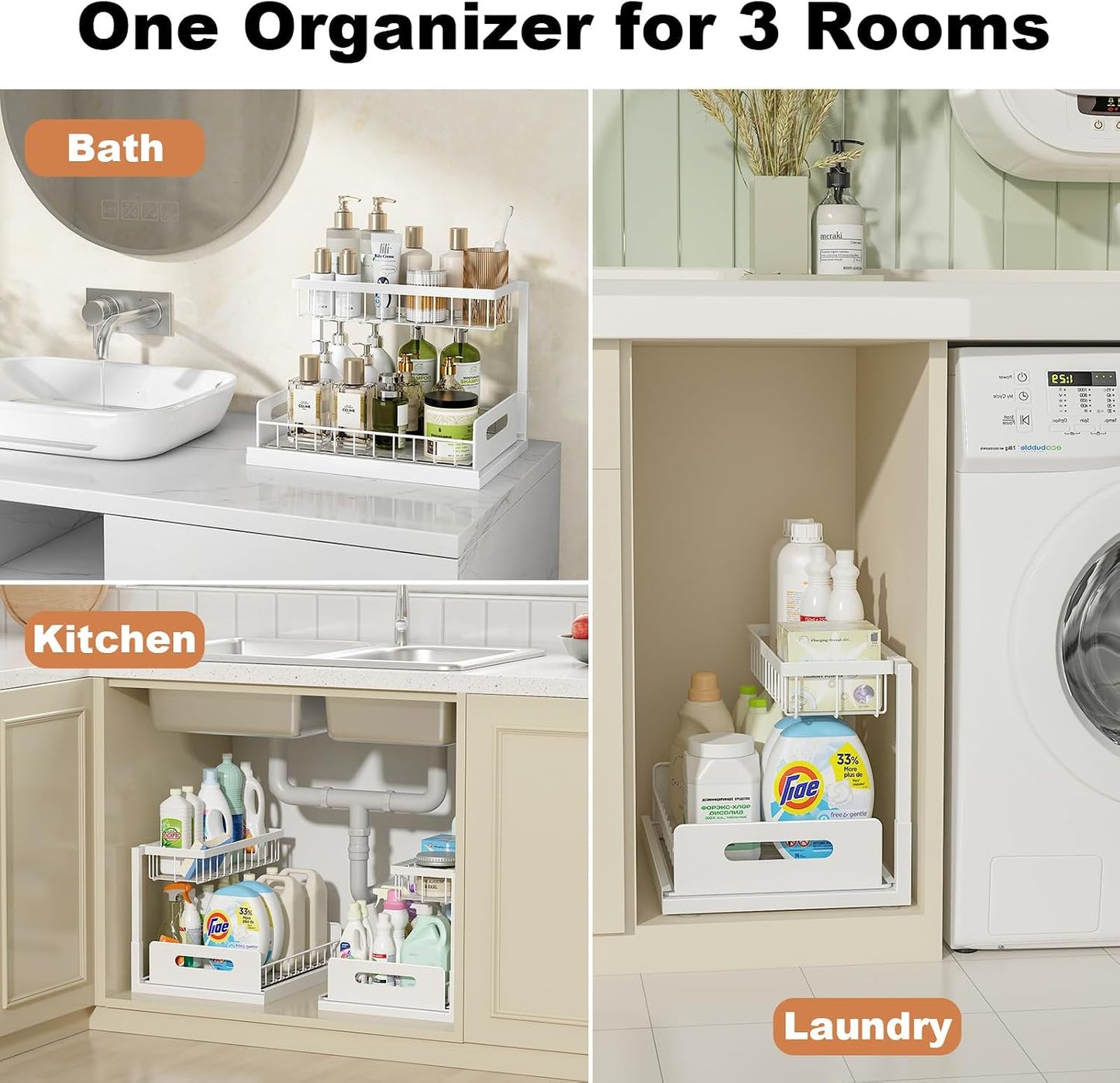 Under Sink Organizer, L-Shaped 2 Tier Pull Out Cabinet Organizer | For Kitchen and Bathroom, Slide Out Under Cabinet Storage, Metal Under Sink Storage with Sliding Drawer, 50 lbs, Black 2 Pack