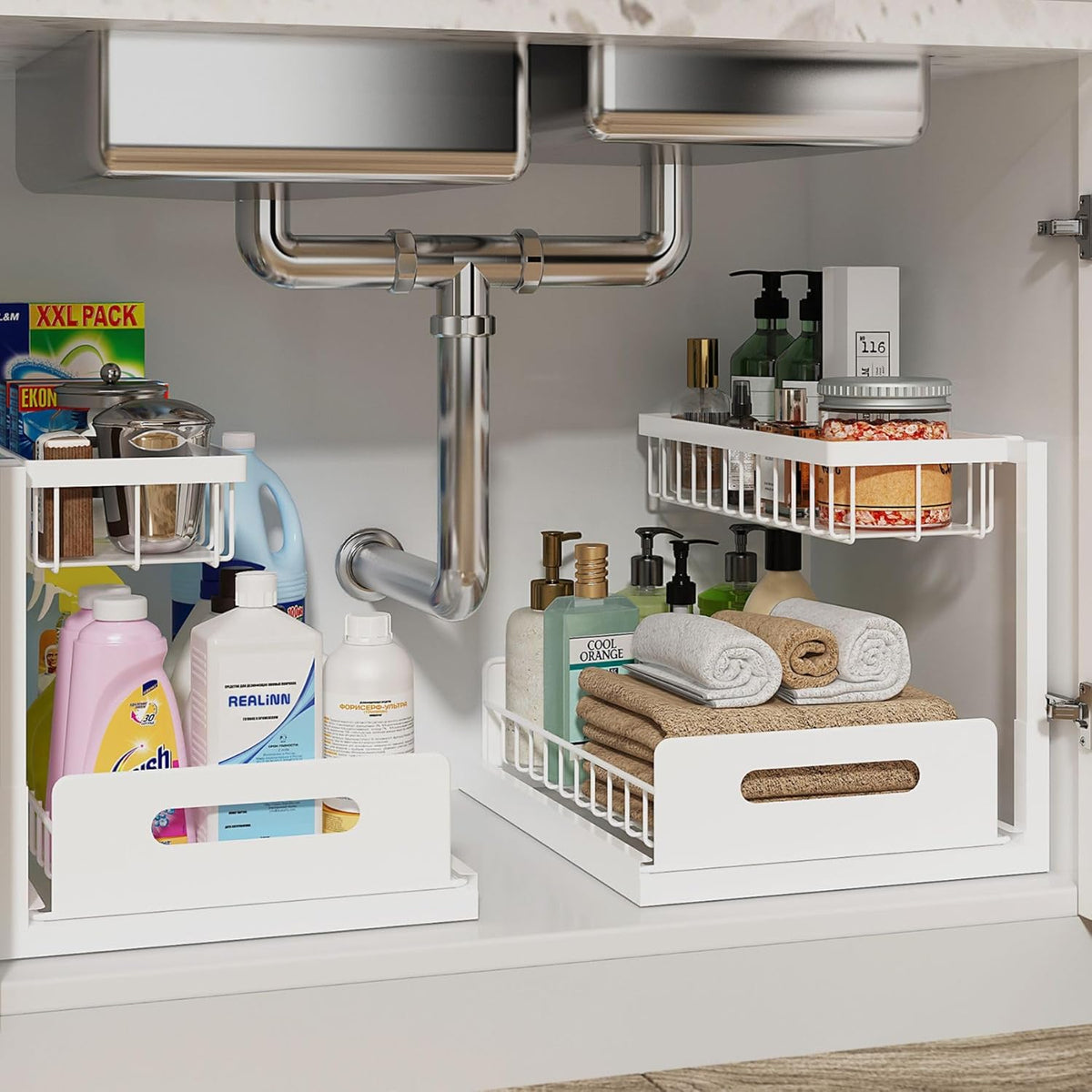 Under Sink Organizer, L-Shaped 2 Tier Pull Out Cabinet Organizer | For Kitchen and Bathroom, Slide Out Under Cabinet Storage, Metal Under Sink Storage with Sliding Drawer, 50 lbs, Black 2 Pack