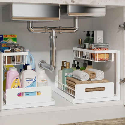 Under Sink Organizer, L-Shaped 2 Tier Pull Out Cabinet Organizer | For Kitchen and Bathroom, Slide Out Under Cabinet Storage, Metal Under Sink Storage with Sliding Drawer, 50 lbs, Black 2 Pack
