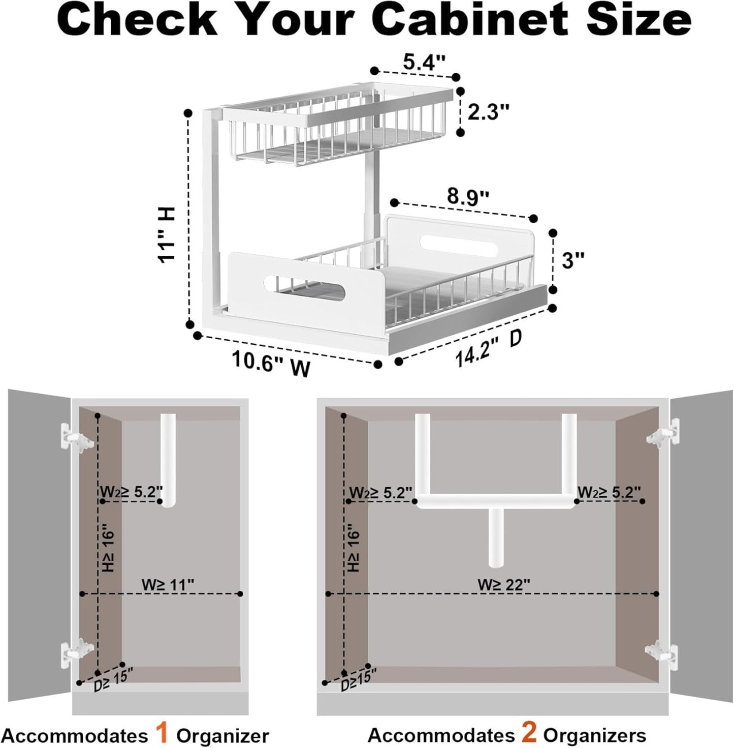 Under Sink Organizer, L-Shaped 2 Tier Pull Out Cabinet Organizer | For Kitchen and Bathroom, Slide Out Under Cabinet Storage, Metal Under Sink Storage with Sliding Drawer, 50 lbs, Black 2 Pack